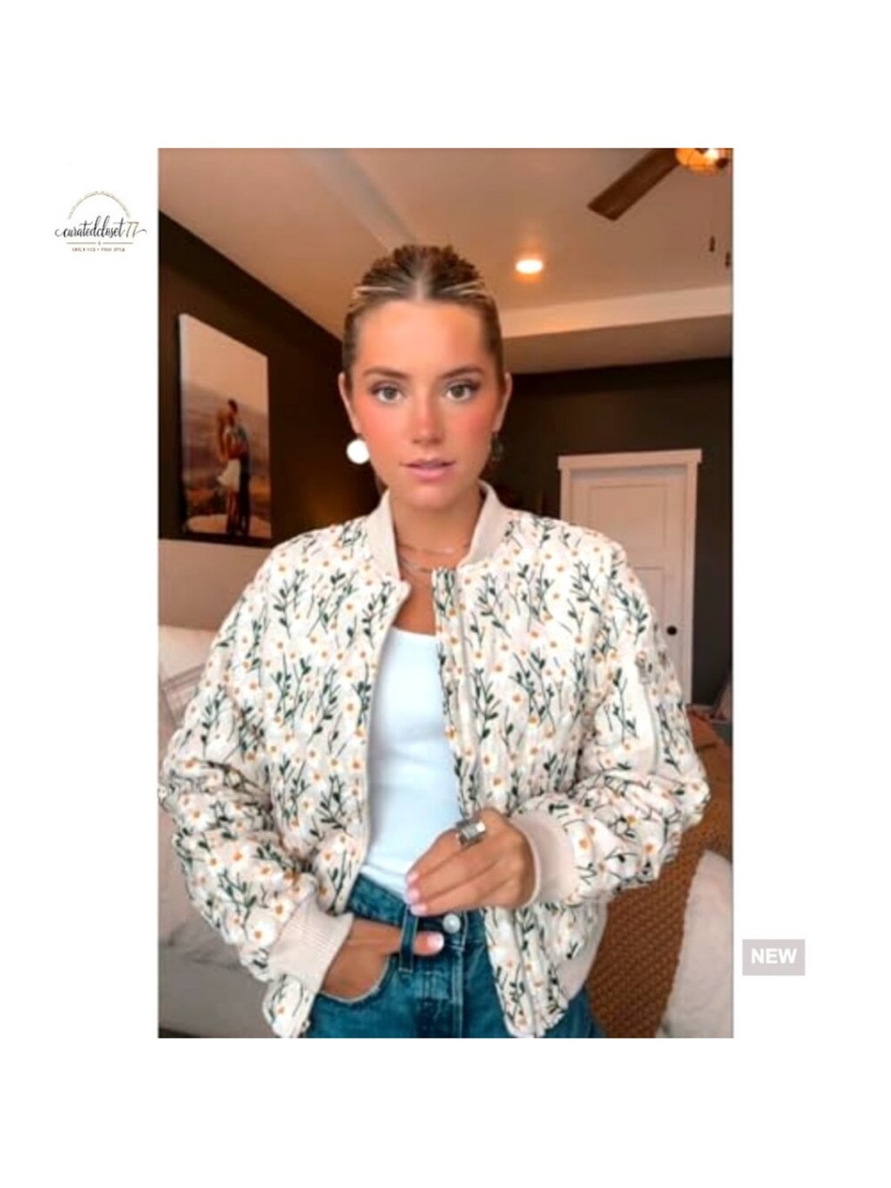 Avec Les Filles Cream Floral Quilted Bomber Jacket